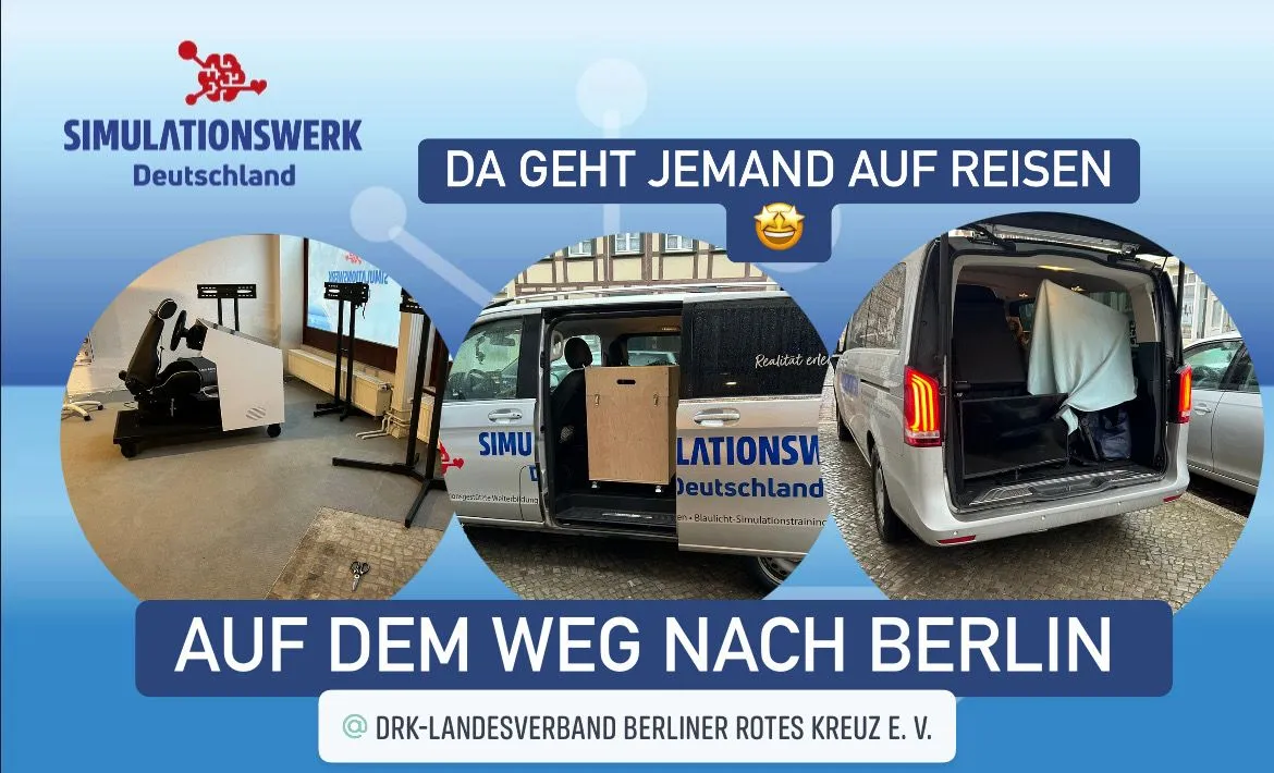 Fahrsimulator des Simulationswerk Deutschland wird für den Transport vorbereitet und in ein Einsatzfahrzeug verladen; unterwegs zum DRK-Landesverband Berlin.