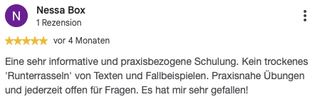 Begeisterte Kursteilnehmer teilen ihre Erfahrungen. Lesen Sie authentische Google-Bewertungen zu unseren Kursen und finden Sie den passenden Weg für Ihren Erfolg.“