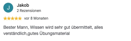 Begeisterte Kursteilnehmer teilen ihre Erfahrungen. Lesen Sie authentische Google-Bewertungen zu unseren Kursen und finden Sie den passenden Weg für Ihren Erfolg.“