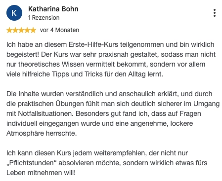 Begeisterte Kursteilnehmer teilen ihre Erfahrungen. Lesen Sie authentische Google-Bewertungen zu unseren Kursen und finden Sie den passenden Weg für Ihren Erfolg.“