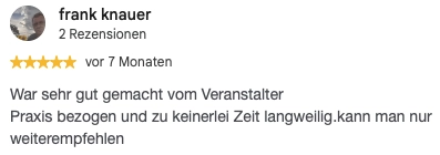 Begeisterte Kursteilnehmer teilen ihre Erfahrungen. Lesen Sie authentische Google-Bewertungen zu unseren Kursen und finden Sie den passenden Weg für Ihren Erfolg.“