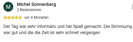 Begeisterte Kursteilnehmer teilen ihre Erfahrungen. Lesen Sie authentische Google-Bewertungen zu unseren Kursen und finden Sie den passenden Weg für Ihren Erfolg.“